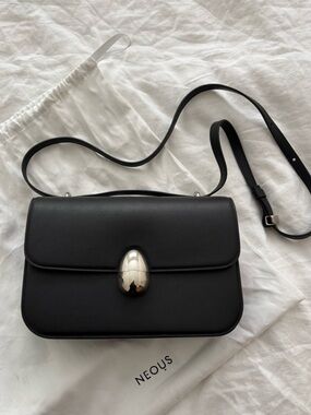 Neous Phoenix Adjustable Crossbody Handbag Black Leather Silver Hardware